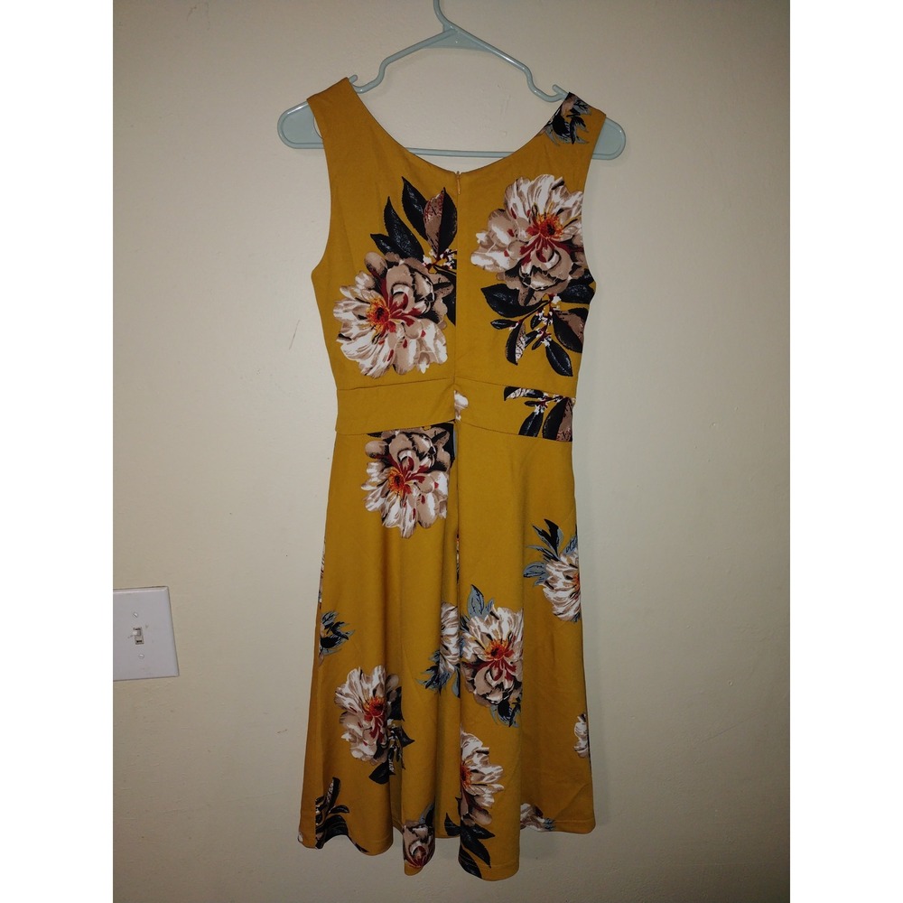 Grace Karin Mustard Yellow‎ Floral V-Neck Fit and Flare Dress Sleeveless Small - Picture 2 of 6